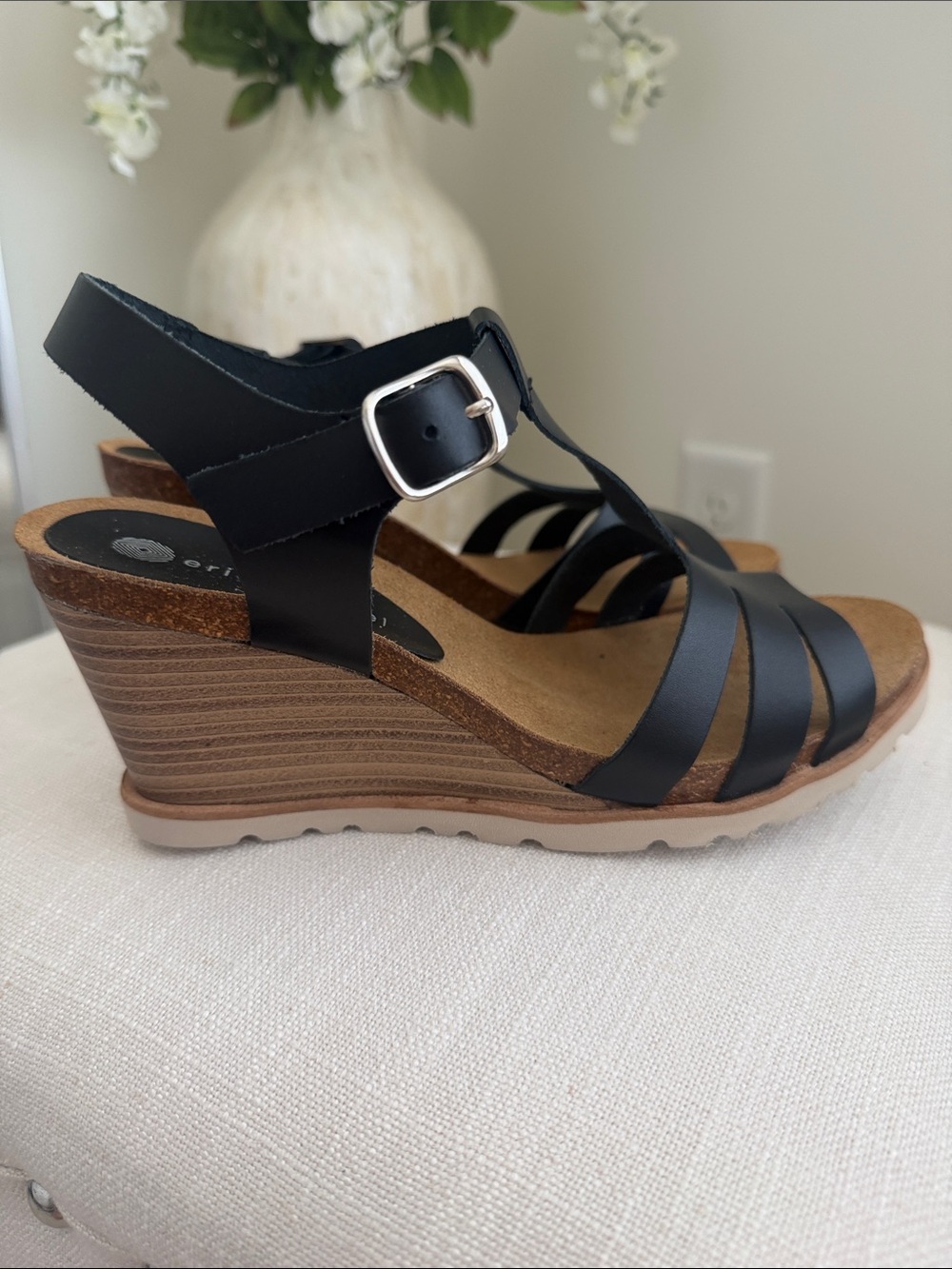 Eric Michael Black T‑Strap Wedge Sandals with Buckle